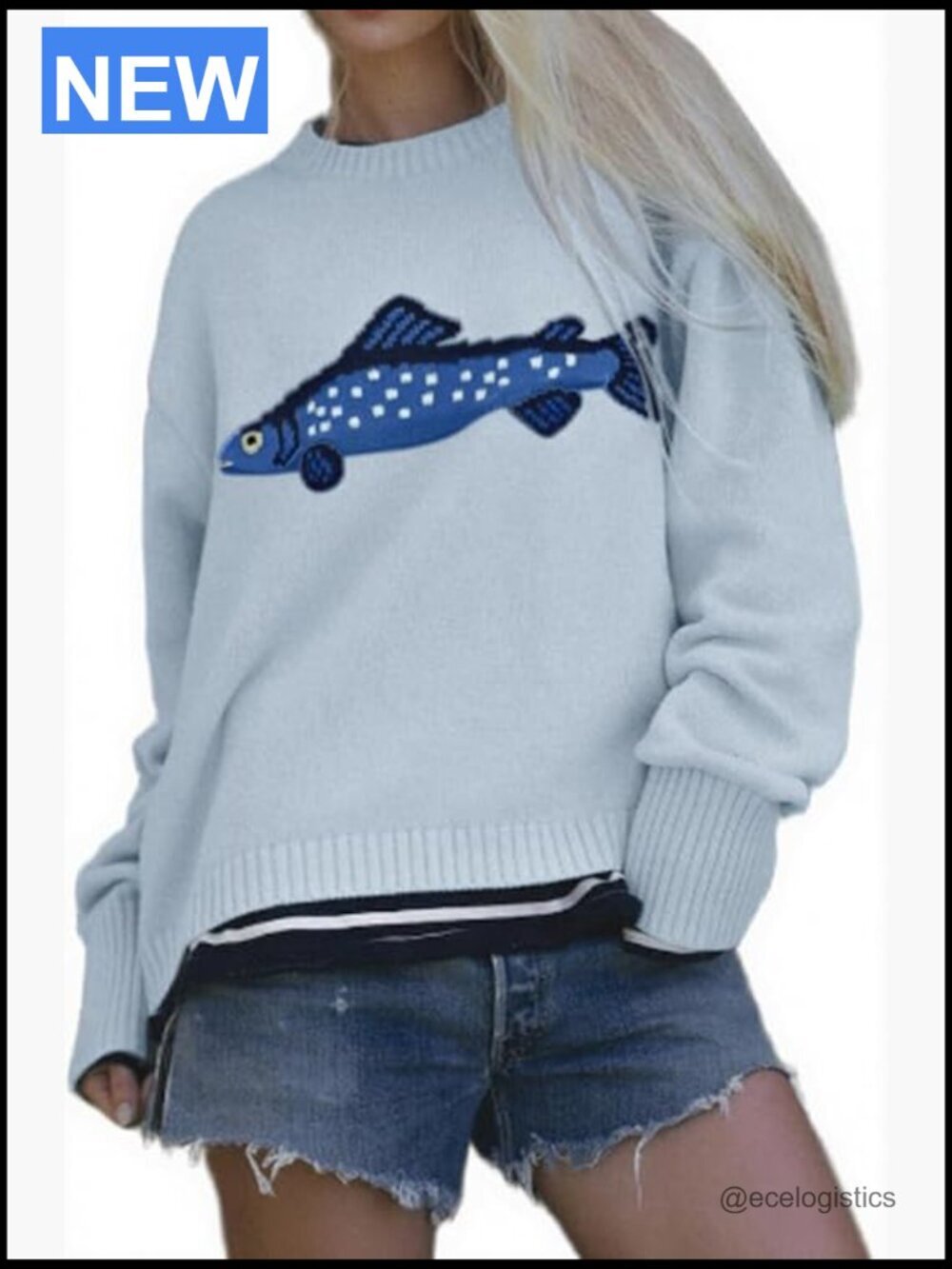 Oversized Y2k Crewneck Rib Knit Fish Graphic Pullover Sweater Jumper